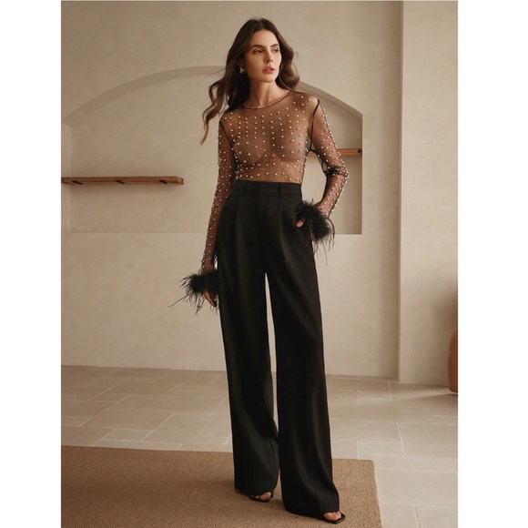 Black Sheer Mesh Long Sleeve Feather Shirt with Faux Pearls Sparkles Beaded - Picture 5 of 14